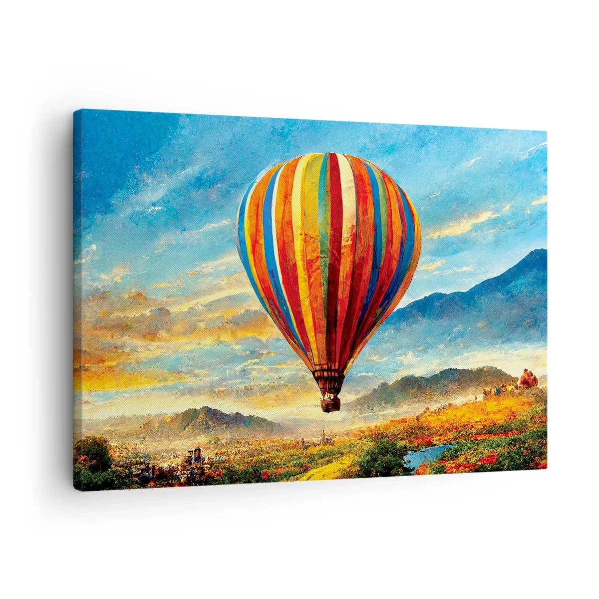 Lærredstryk - Billede på lærred - En farverig ballon over et malerisk landskab - 70x50cm - I stilhed kan du se mere - Moderne vægdekoration til stue og soveværelse ARTTOR