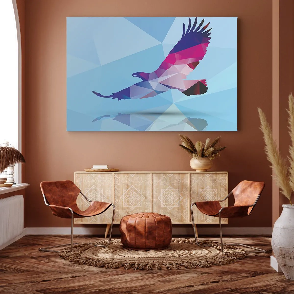 Lærredstryk - Billede på lærred - Geometrisk silhuet af en ørn i flugt på en blå baggrund - 70x50cm - Ørn i lilla krystal - Moderne vægdekoration til stue og soveværelse ARTTOR