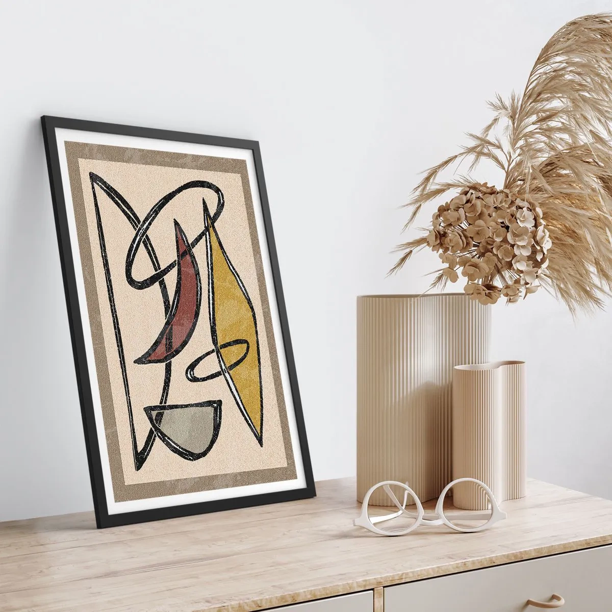 Plakat i sort ramme - Geometrisk abstraktion i beige og brune nuancer - 50x70cm - Vertikaler og niveauer - Moderne vægdekoration til stue og soveværelse ARTTOR