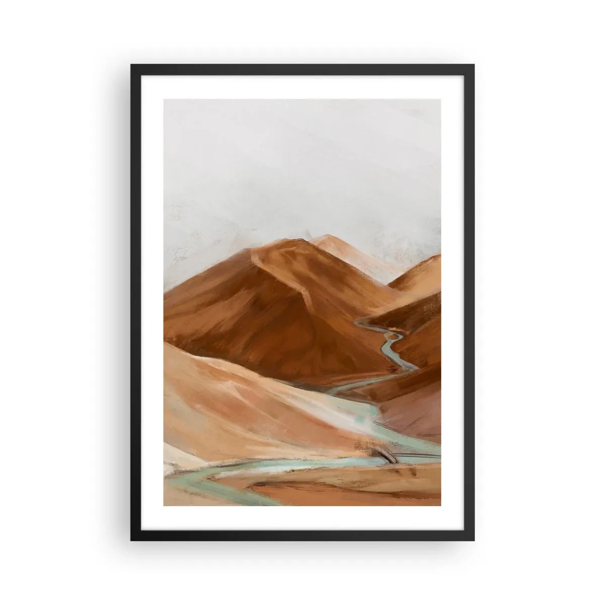 Plakat i sort ramme - En flod, der løber gennem brune bjerge, et stiliseret landskab - 50x70cm - Til kilden - Moderne vægdekoration til stue og soveværelse ARTTOR
