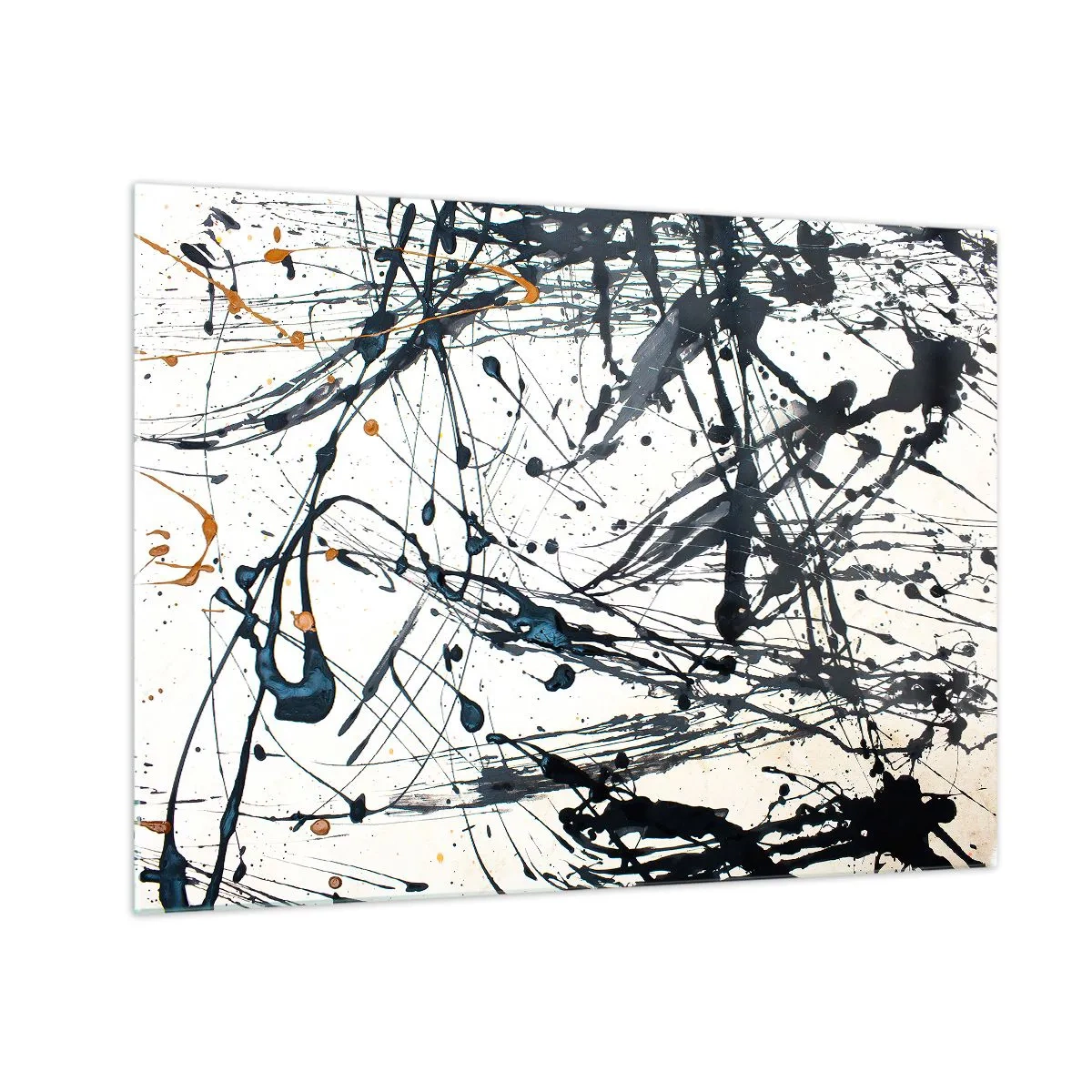 Billede på glas - Dynamiske malingstænk på en hvid baggrund - 70x50cm - Ekspressionistisk abstraktion - Moderne vægdekoration til stue og soveværelse ARTTOR