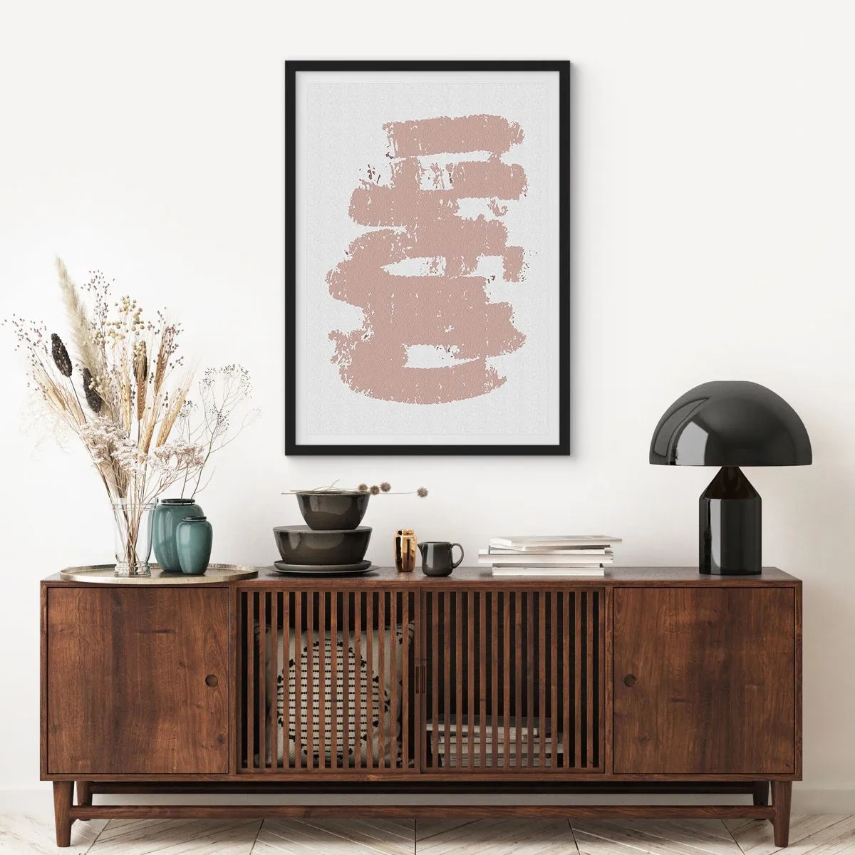 Plakat i sort ramme - En minimalistisk komposition i beige nuancer - 50x70cm - Abstraktion i sart rosa - Moderne vægdekoration til stue og soveværelse ARTTOR