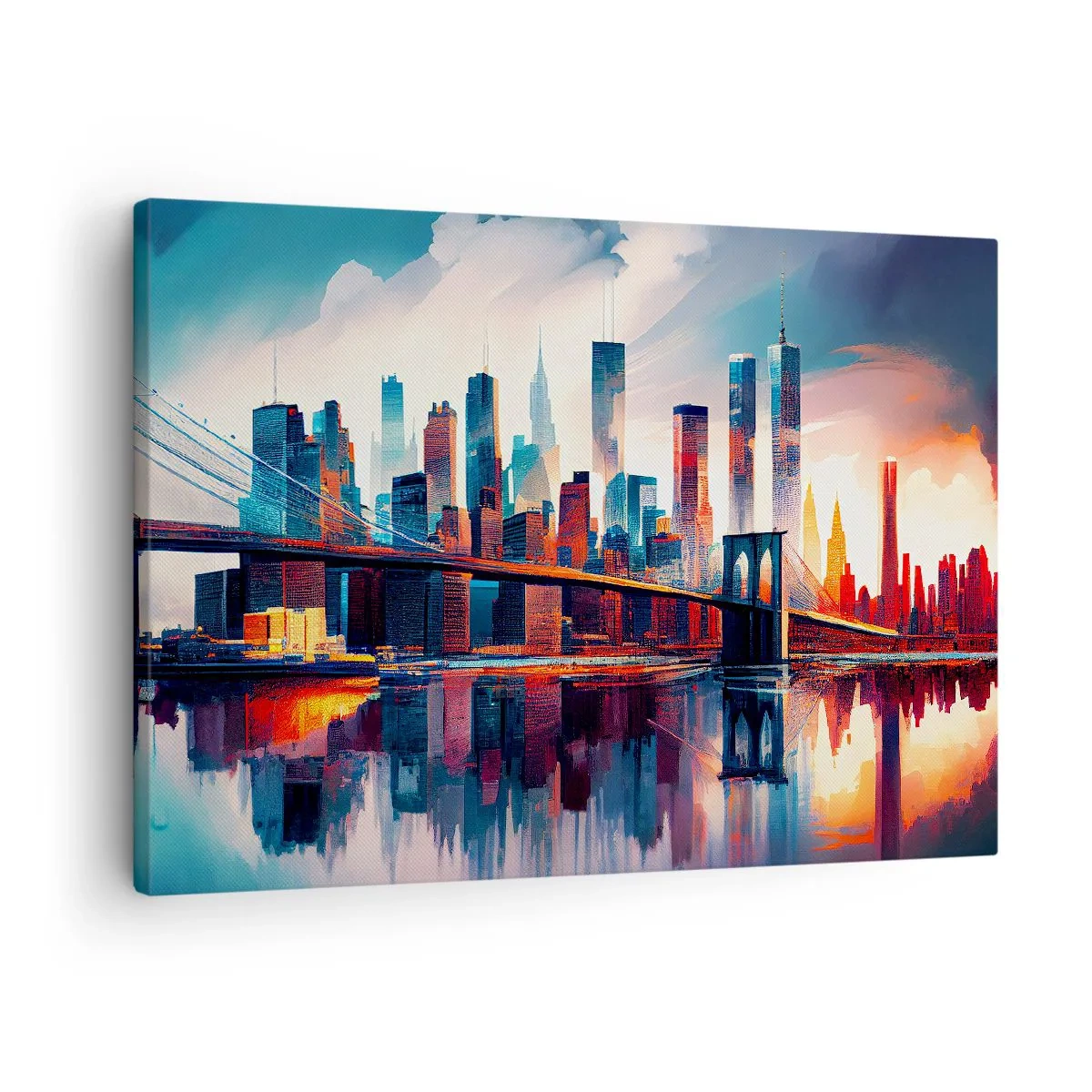 Lærredstryk - Billede på lærred - New York City panorama med bro og spejling i vand - 70x50cm - Fænomenale New York - Moderne vægdekoration til stue og soveværelse ARTTOR