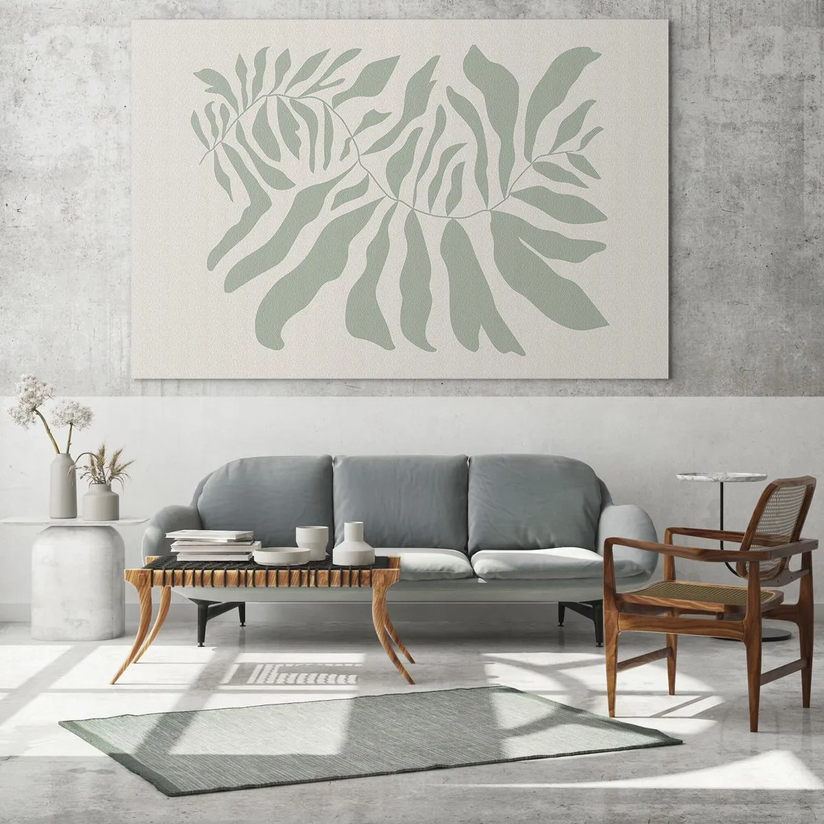 Billede på glas - En smaragdgrøn gren med organiske former på en lys baggrund - 70x50cm - Smaragdgrøn gren - Moderne vægdekoration til stue og soveværelse ARTTOR