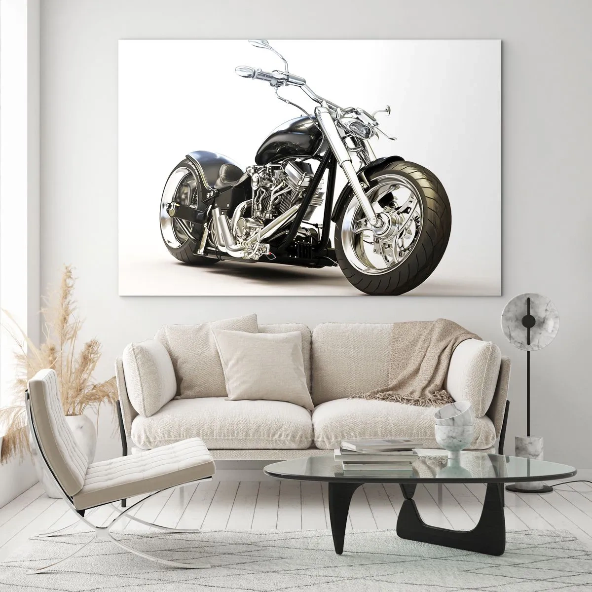 Billede på glas - En sort chopper-motorcykel på en lys baggrund - 70x50cm - Styrke med karakter - Moderne vægdekoration til stue og soveværelse ARTTOR
