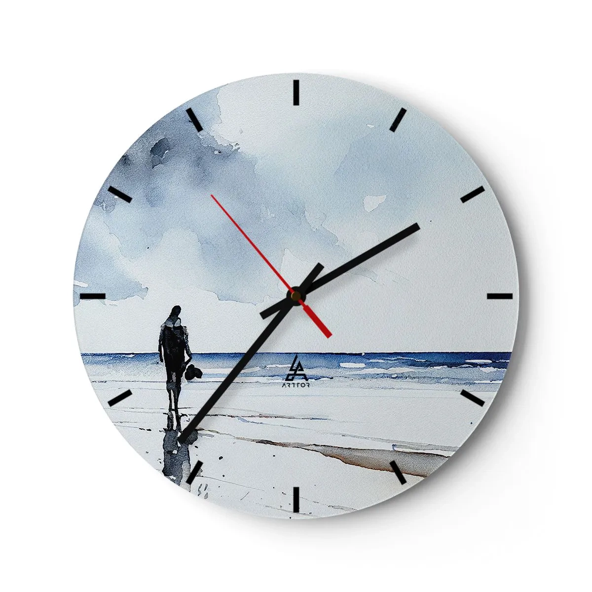 Vægur, Uret - En figur på stranden kigger ud over havet - 30x30cm - Samtale med havet - Moderne vægdekoration til stue, køkken og soveværelse ARTTOR