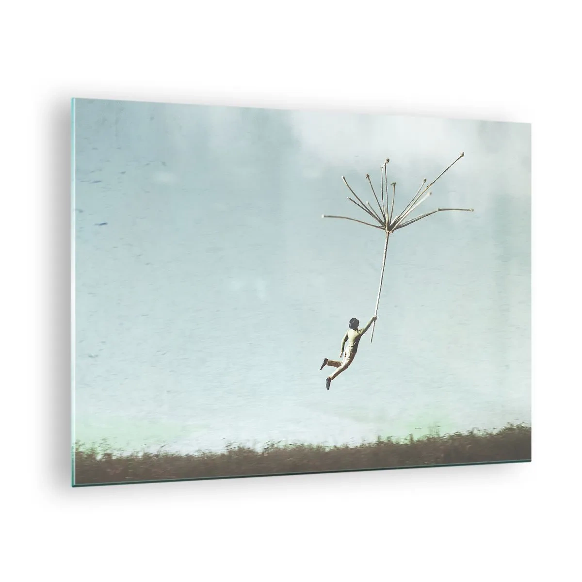 Billede på glas - En dreng, der flyver med et mælkebøttefrø over en eng - 70x50cm - Drager, blæsere, vind - Moderne vægdekoration til stue og soveværelse ARTTOR