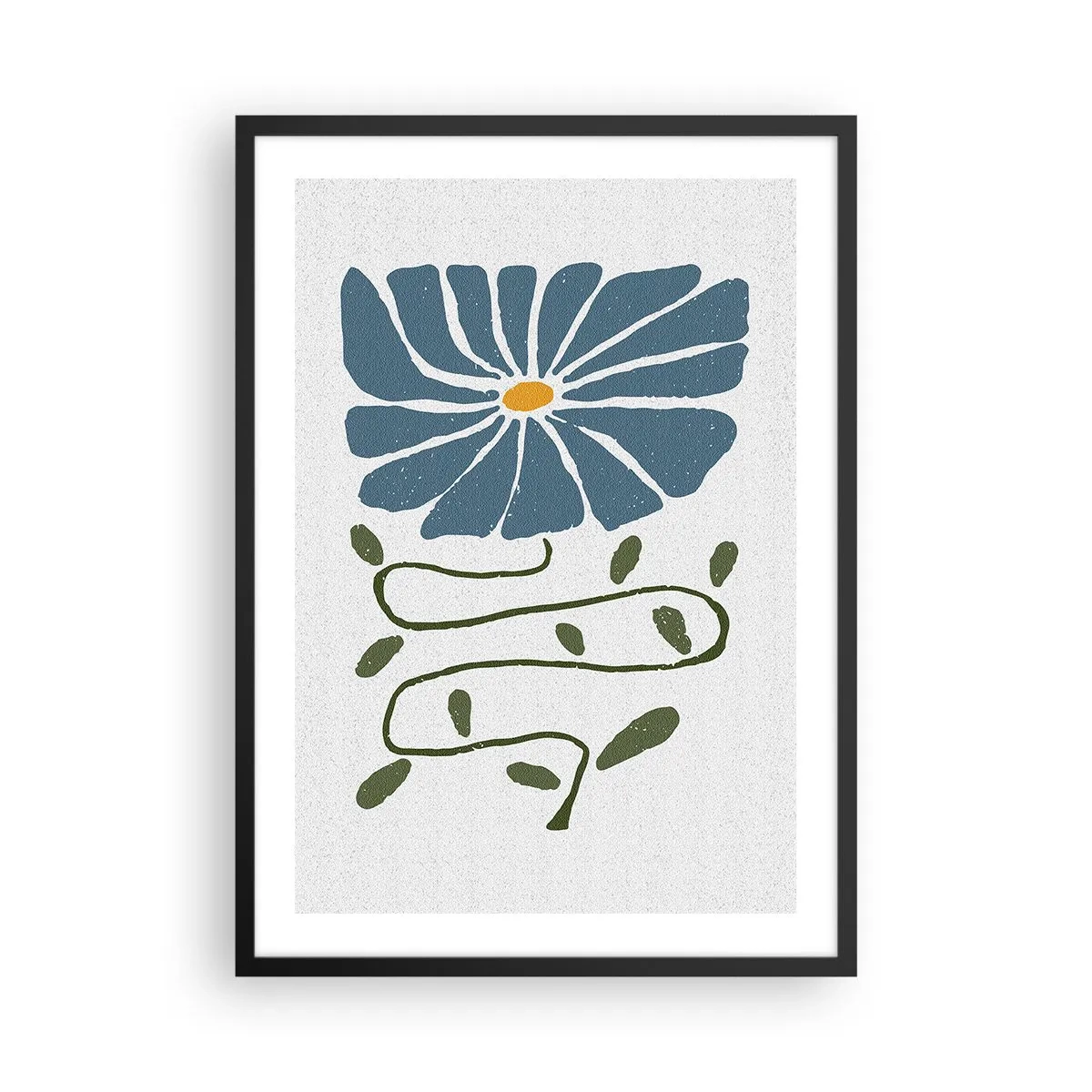 Plakat i sort ramme - En blå blomst med en snoet stilk på en lys baggrund - 50x70cm - Fra kvist til blomst - Moderne vægdekoration til stue og soveværelse ARTTOR