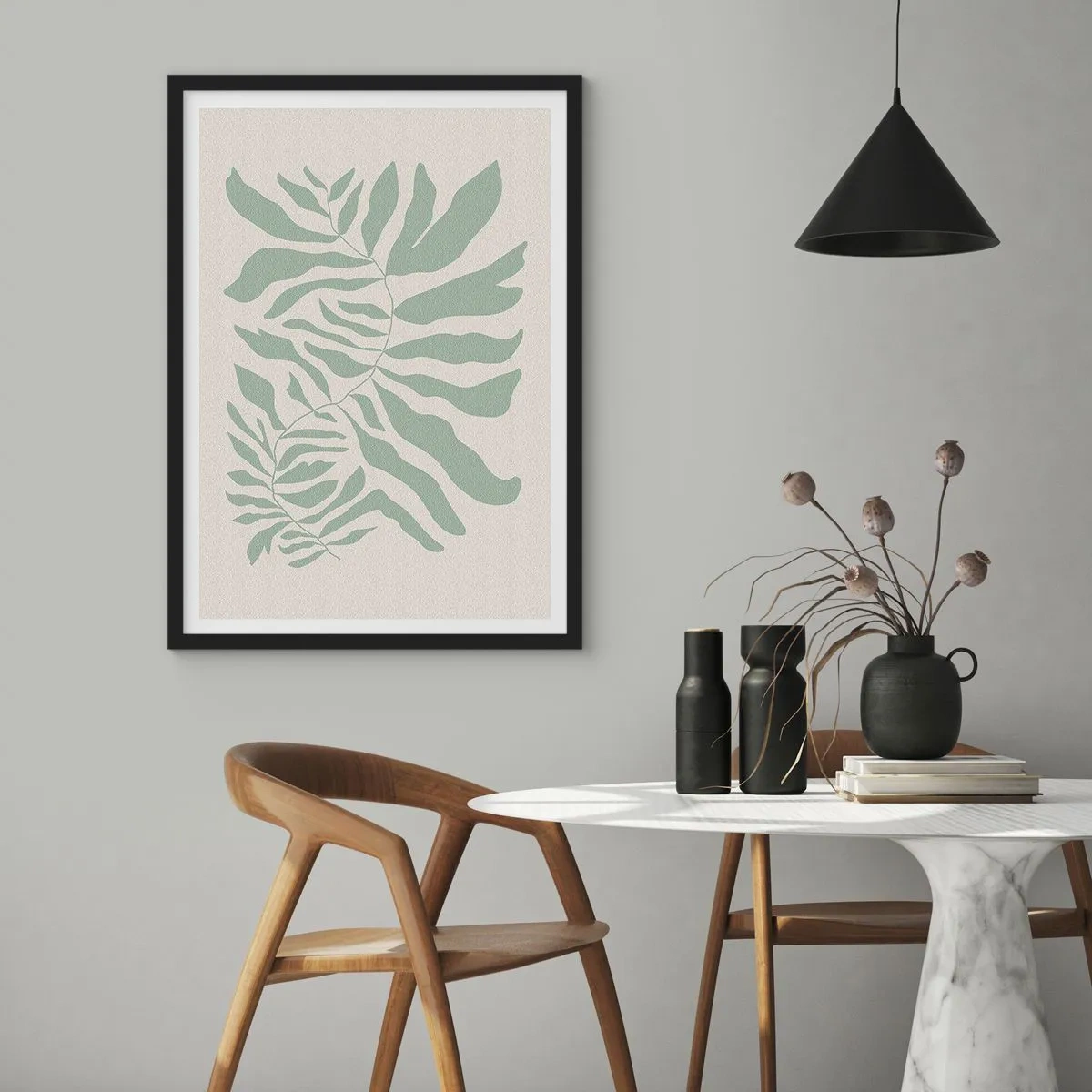 Plakat i sort ramme - En minimalistisk planteillustration i grønne nuancer - 50x70cm - Smaragdgrøn gren - Moderne vægdekoration til stue og soveværelse ARTTOR