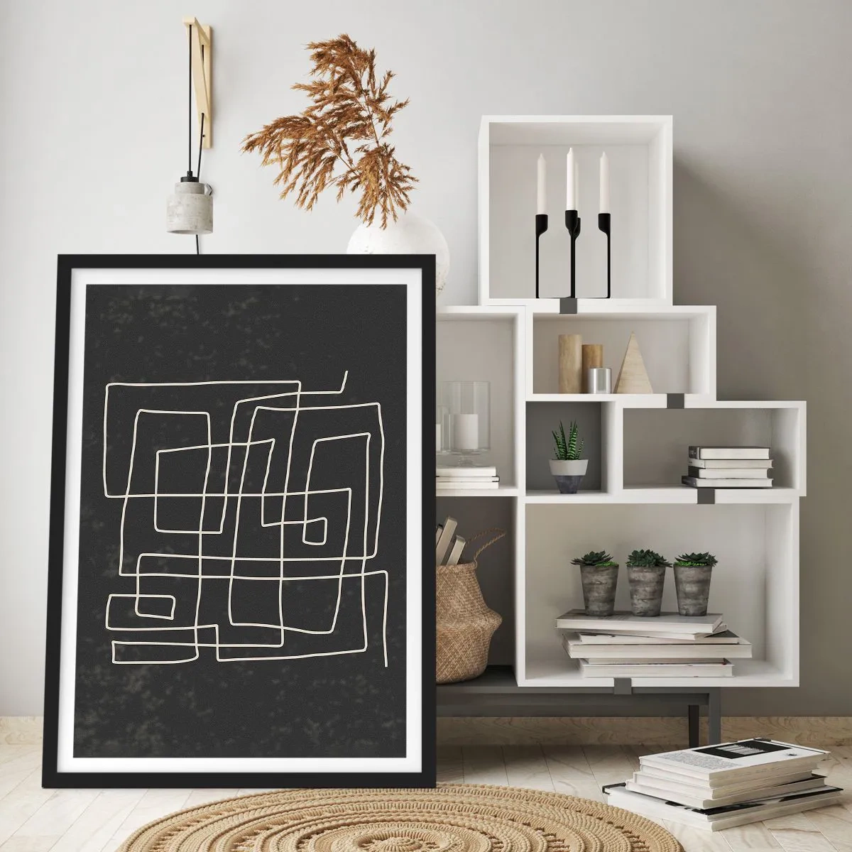 Plakat i sort ramme - Geometrisk abstraktion på en sort baggrund - 50x70cm - Ikke helt så enkel - Moderne vægdekoration til stue og soveværelse ARTTOR