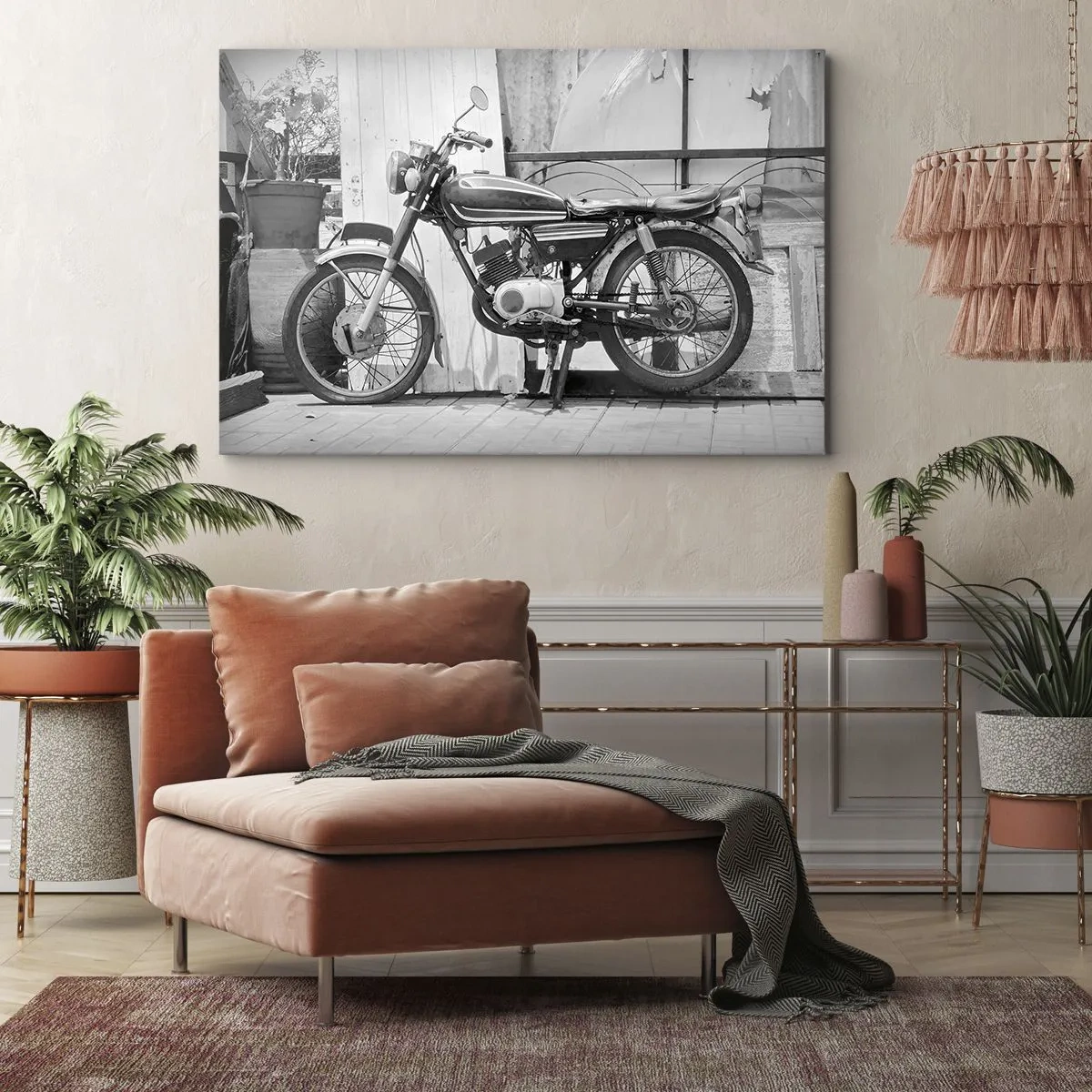 Lærredstryk - Billede på lærred - Sort-hvidt foto af en klassisk motorcykel - 70x50cm - Klassikere frem for alt - Moderne vægdekoration til stue og soveværelse ARTTOR
