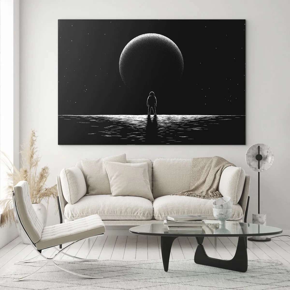 Billede på glas - Astronaut stående foran en planet i sort-hvid - 70x50cm - Ansigt til ansigt - Moderne vægdekoration til stue og soveværelse ARTTOR