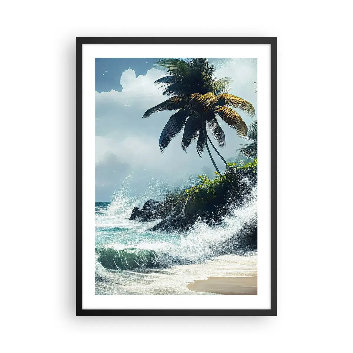 Plakat i sort ramme - Tropisk strand med palmer og et oprørt hav - 50x70cm - På en tropisk strand - Moderne vægdekoration til stue og soveværelse ARTTOR