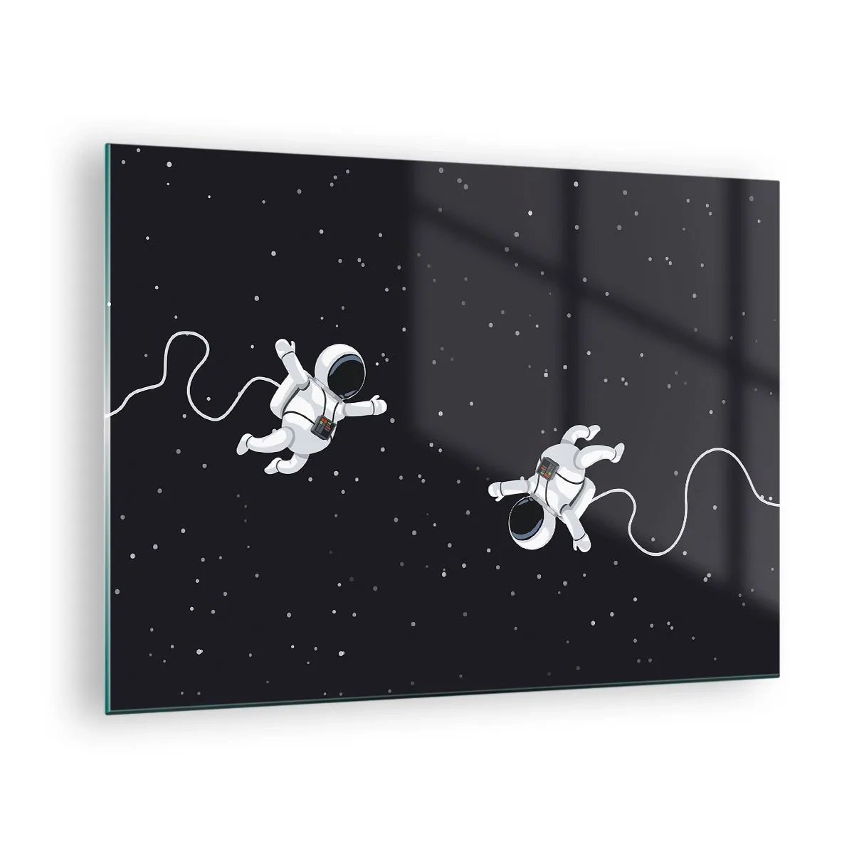 Billede på glas - To astronauter svæver i rummet - 70x50cm - Rummet vikler sig sammen - Moderne vægdekoration til stue og soveværelse ARTTOR