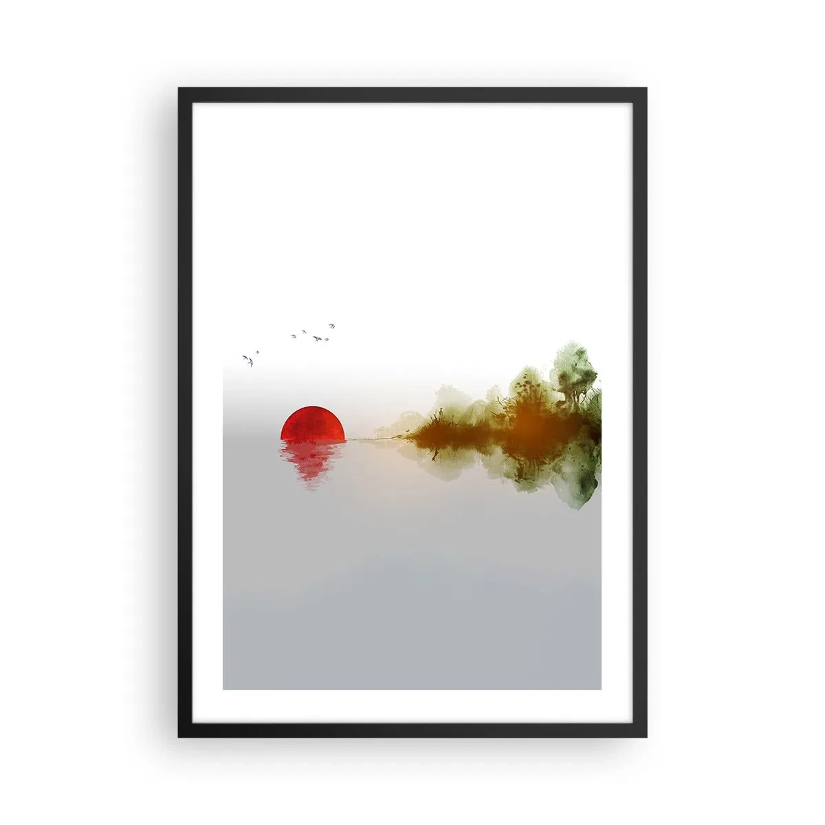 Plakat i sort ramme - Et minimalistisk landskab med en rød sol og en sø. - 50x70cm - Et løfte om fred - Moderne vægdekoration til stue og soveværelse ARTTOR