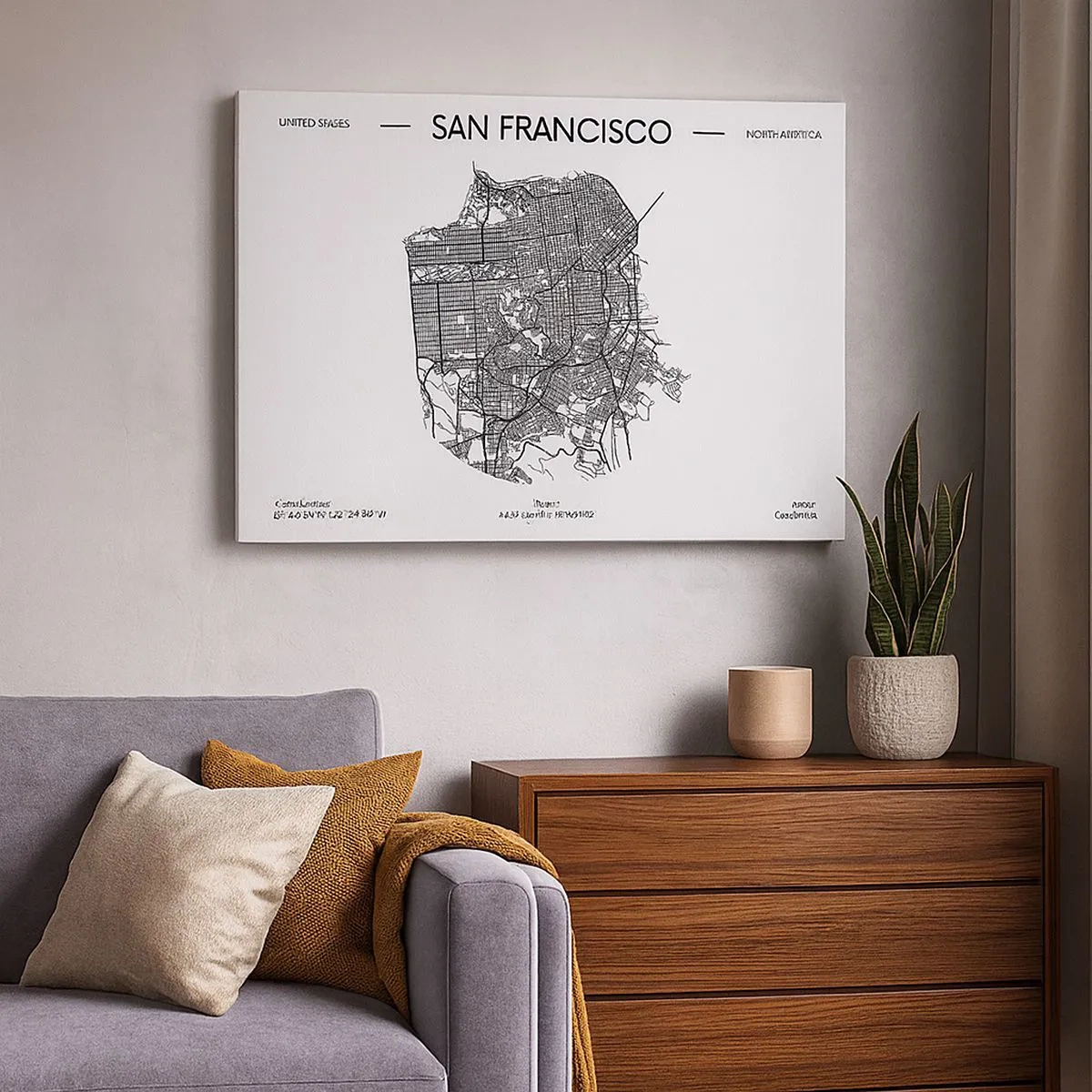 Lærredstryk - Billede på lærred - Et kort over San Francisco i sort-hvid minimalistisk stil. - 70x50cm - San Franciscos anatomi - Moderne vægdekoration til stue og soveværelse ARTTOR