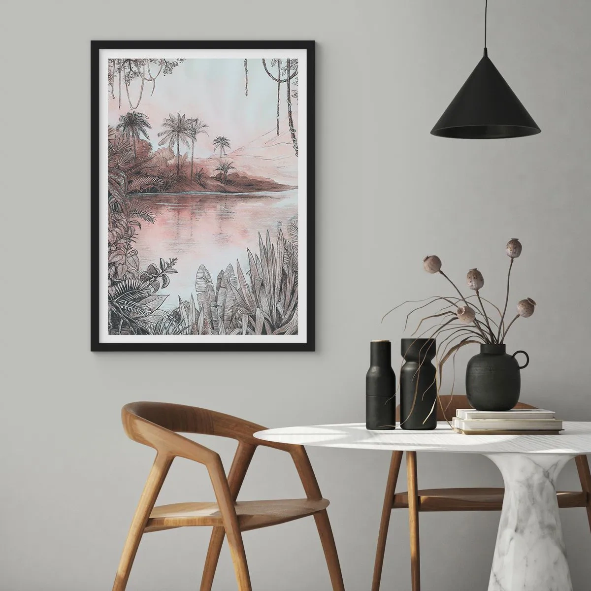 Plakat i sort ramme - Eksotisk landskab ved vandet - 50x70cm - En opdagelsesrejsendes dagbog fra det 19. århundrede - Moderne vægdekoration til stue og soveværelse ARTTOR