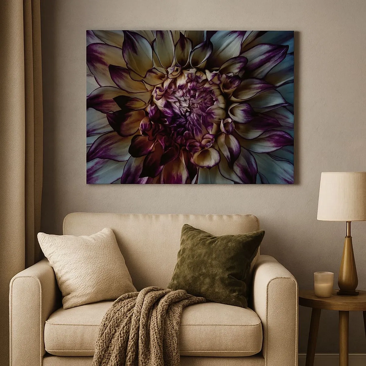 Lærredstryk - Billede på lærred - Nærbillede af en dahliablomst i mørke toner - 70x50cm - Ungdommens blomstring - Moderne vægdekoration til stue og soveværelse ARTTOR