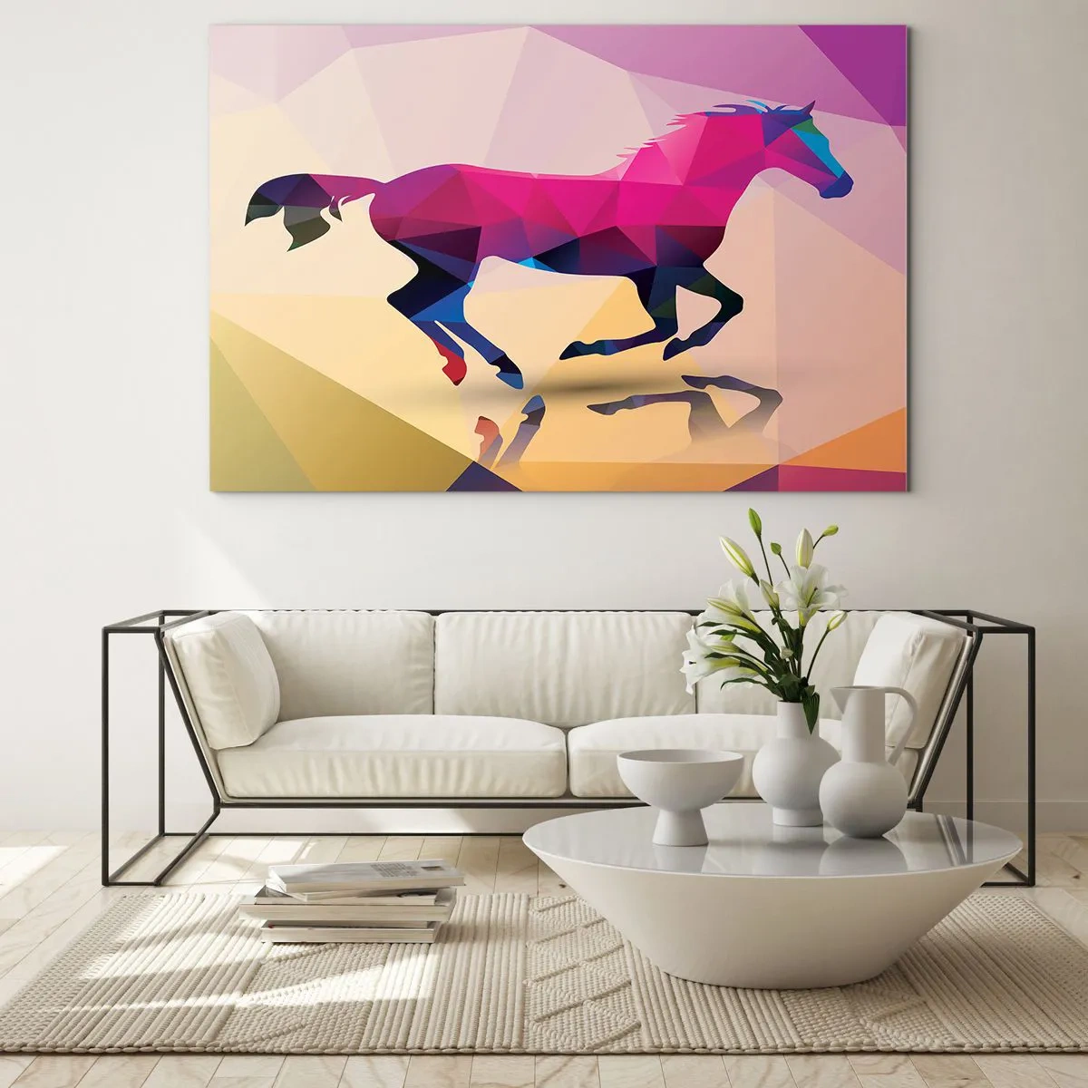 Billede på glas - Geometrisk hest i farverig abstraktion - 70x50cm - Kubismen lever stadig - Moderne vægdekoration til stue og soveværelse ARTTOR