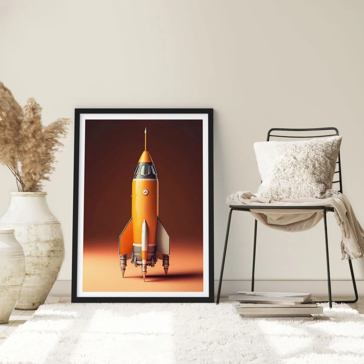 Plakat i sort ramme - En moderne rumraket mod en baggrund af varme farver. - 50x70cm - Det begynder med en drøm - Moderne vægdekoration til stue og soveværelse ARTTOR