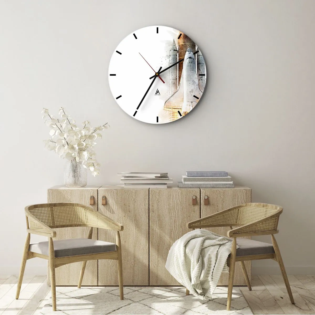 Vægur, Uret - Raketlancering i akvarelstil på hvid baggrund - 30x30cm - Opdagelsesrejsende i starten - Moderne vægdekoration til stue, køkken og soveværelse ARTTOR