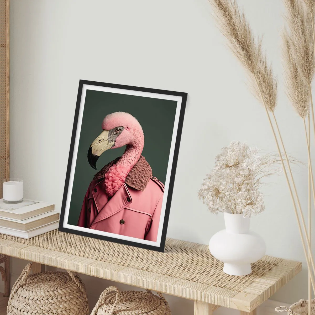 Plakat i sort ramme - En stilfuld flamingo i en elegant frakke - 50x70cm - En ægte elegant mand - Moderne vægdekoration til stue og soveværelse ARTTOR