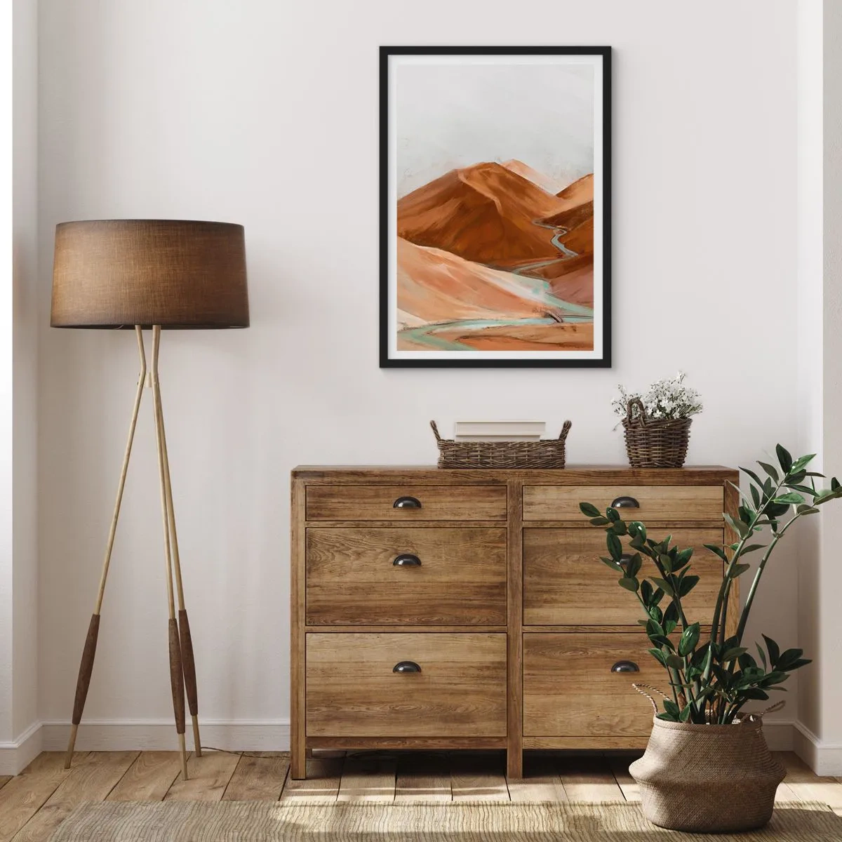Plakat i sort ramme - En flod, der løber gennem brune bjerge, et stiliseret landskab - 50x70cm - Til kilden - Moderne vægdekoration til stue og soveværelse ARTTOR