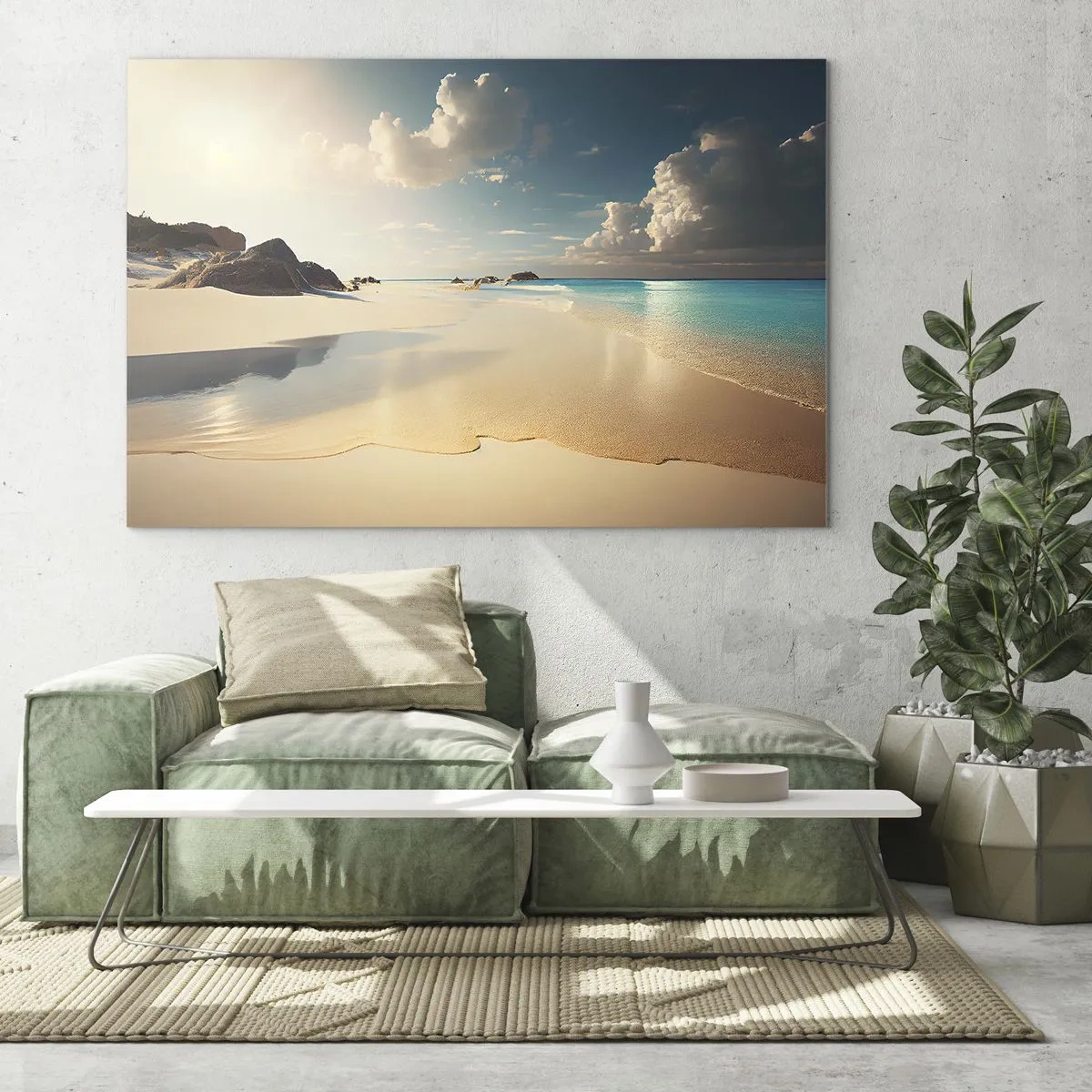 Billede på glas - Gylden strand og turkisblåt hav i morgensolens lys - 70x50cm - En drømmeagtig dag - Moderne vægdekoration til stue og soveværelse ARTTOR