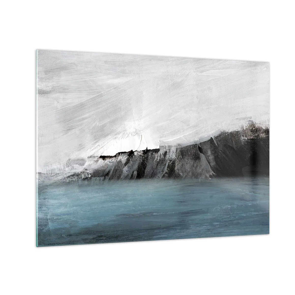 Billede på glas - Abstrakt komposition i nuancer af blå, hvid og sort - 70x50cm - Vand - jord: et sammenstød mellem elementerne - Moderne vægdekoration til stue og soveværelse ARTTOR