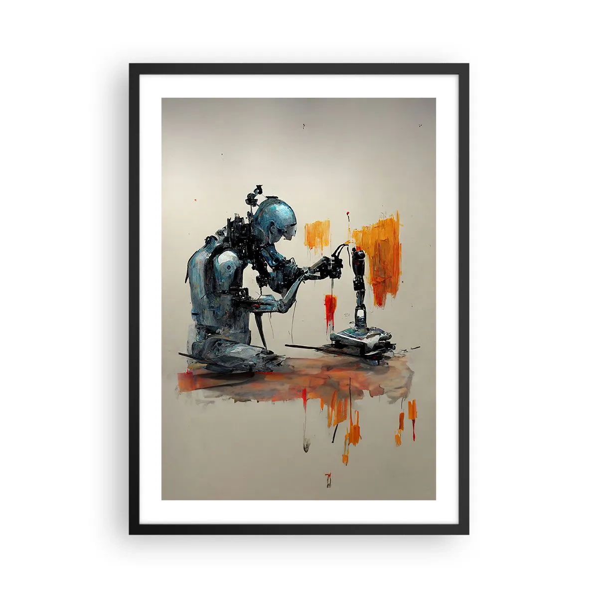 Plakat i sort ramme - En kybernetisk robot i færd med at skabe kunst. - 50x70cm - Kommer i morgen... - Moderne vægdekoration til stue og soveværelse ARTTOR