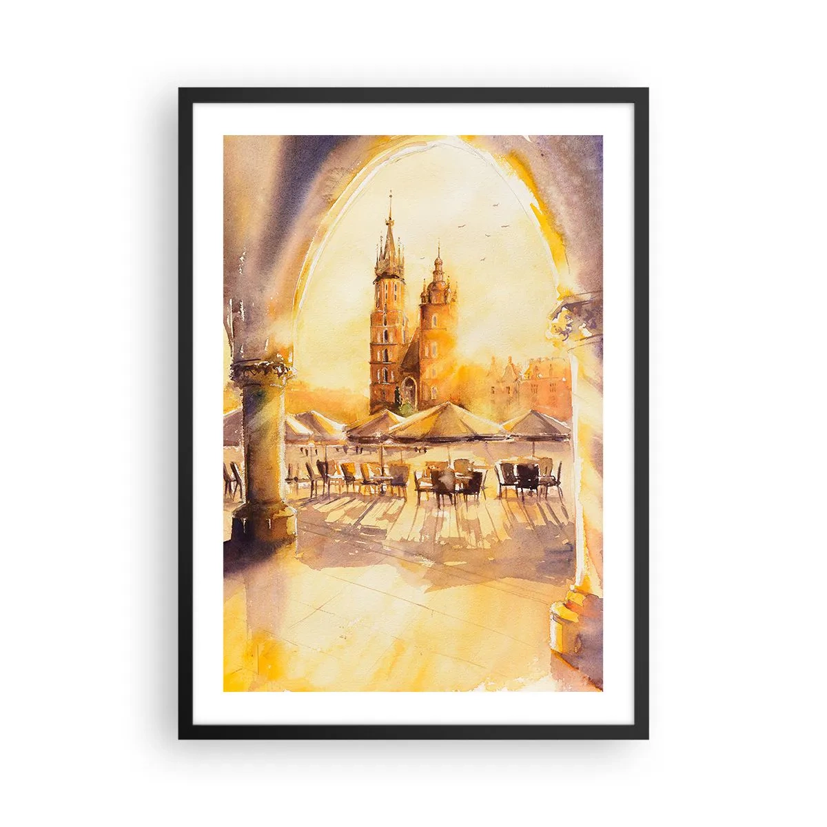 Plakat i sort ramme - En akvarel, der forestiller Krakows markedsplads ved solnedgang. - 50x70cm - Øst over markedet i Kraków - Moderne vægdekoration til stue og soveværelse ARTTOR