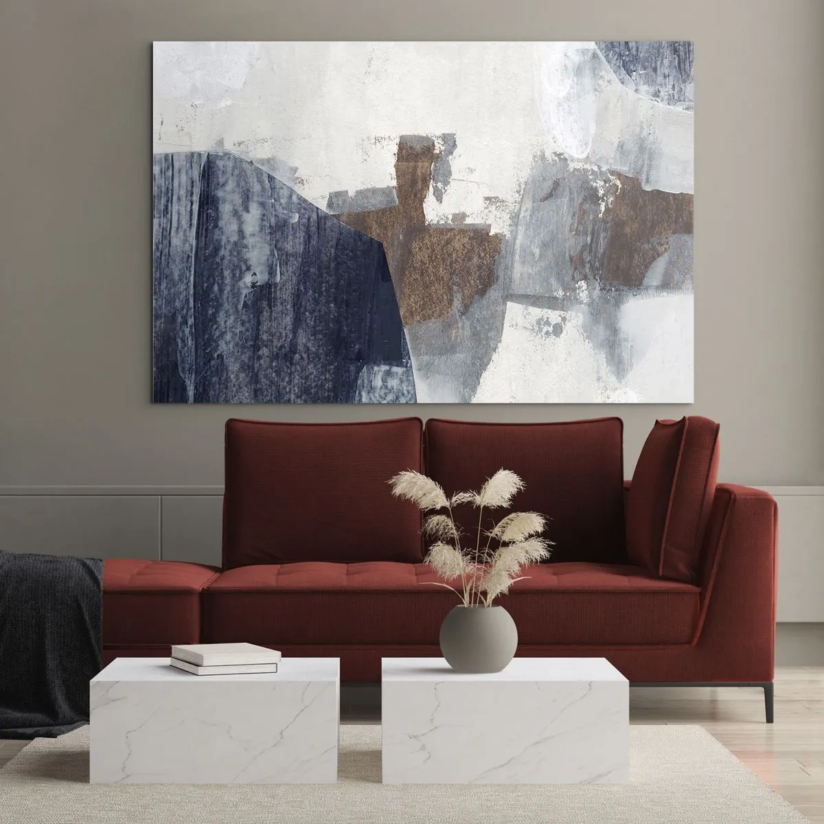 Billede på glas - Geometriske former i blå, brun og hvid - 70x50cm - Blåbrune former - Moderne vægdekoration til stue og soveværelse ARTTOR