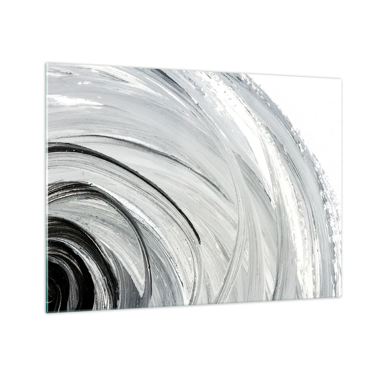 Billede på glas - En sort-hvid spiral med dynamiske penselstrøg. - 70x50cm - Orbital komposition - Moderne vægdekoration til stue og soveværelse ARTTOR