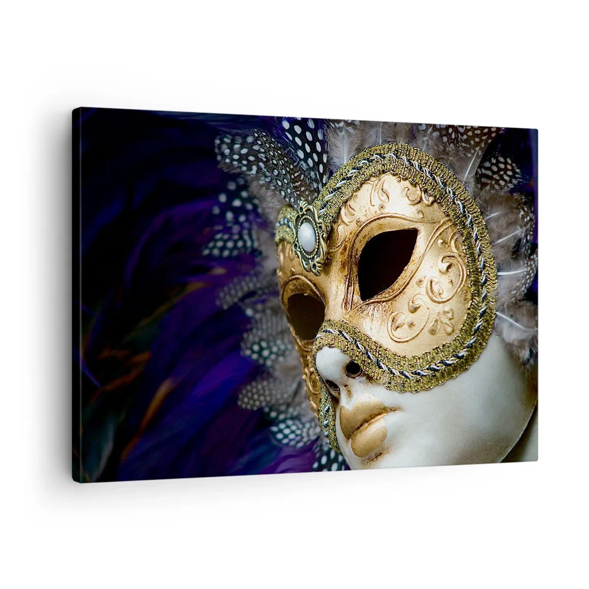 Lærredstryk - Billede på lærred - Gylden venetiansk maske med dekorative fjer og ornamenter - 70x50cm - Venetiansk portræt i guld - Moderne vægdekoration til stue og soveværelse ARTTOR