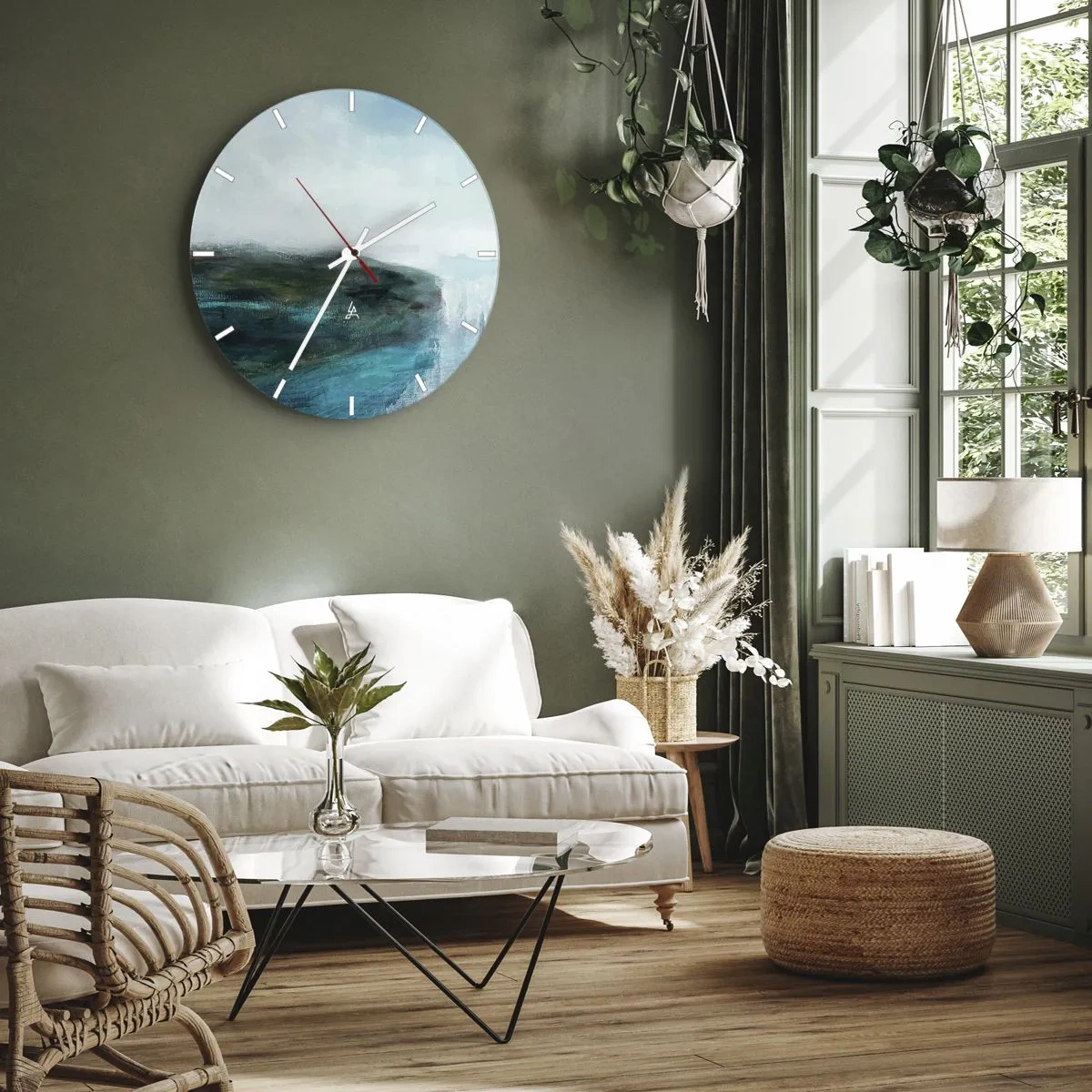 Vægur, Uret - Et havlandskab med en klippe i turkise og blå toner - 30x30cm - Marin abstraktion - Moderne vægdekoration til stue, køkken og soveværelse ARTTOR