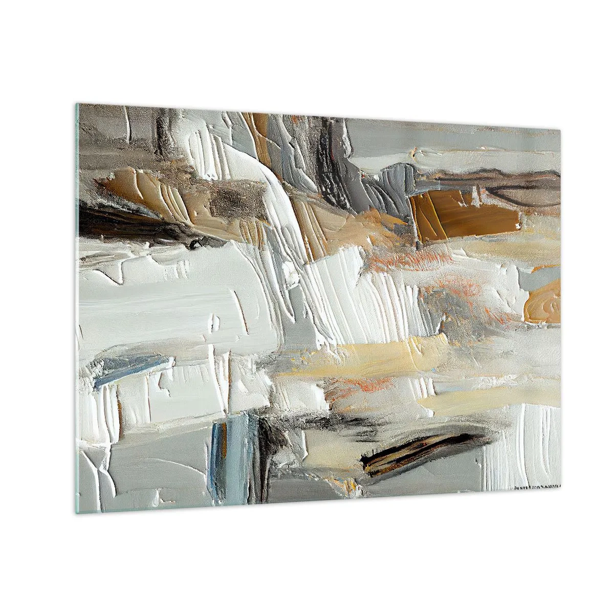Billede på glas - En abstrakt komposition i jordnære toner med en karakteristisk tekstur. - 70x50cm - Farverige lagdelinger - Moderne vægdekoration til stue og soveværelse ARTTOR