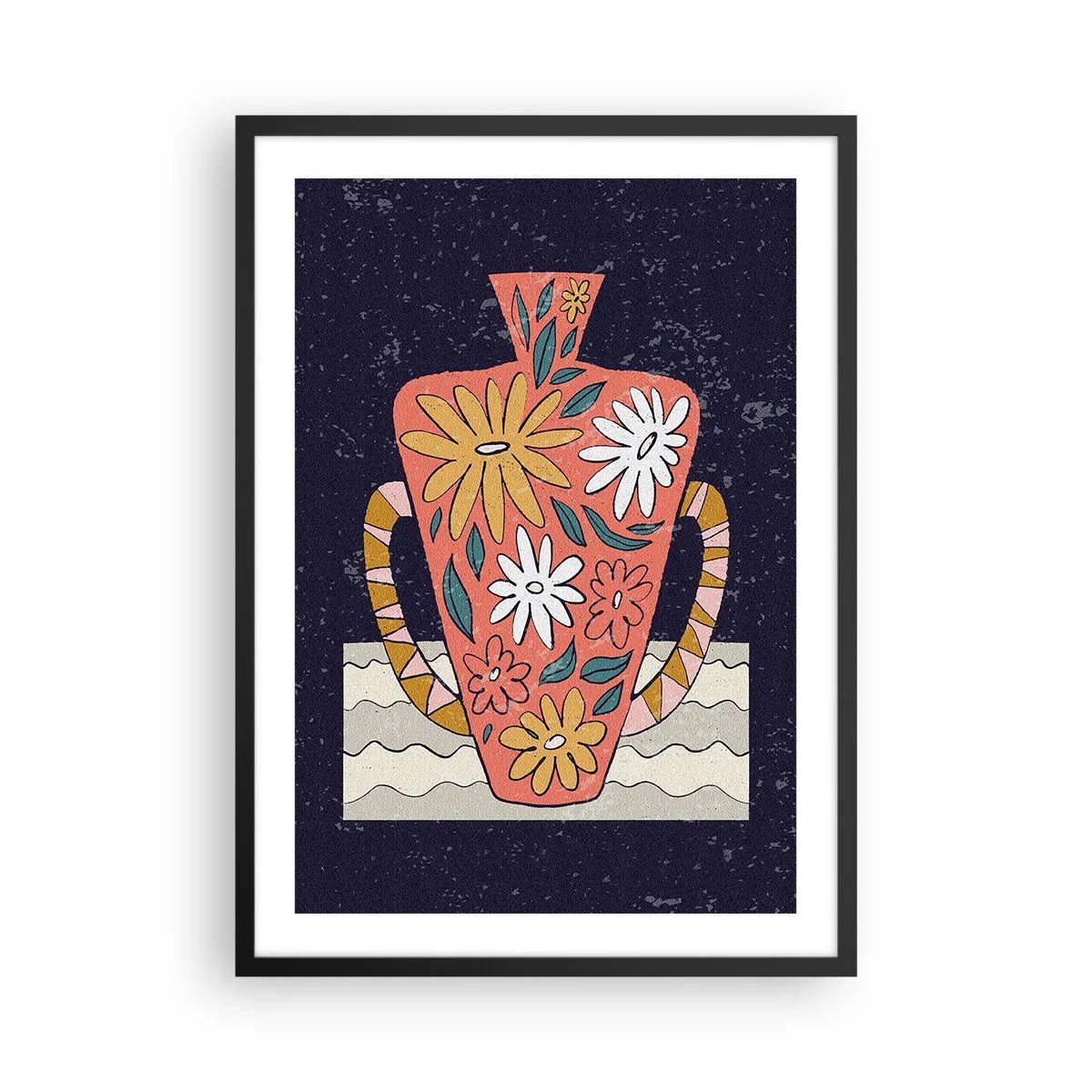 Plakat i sort ramme - En farverig vase med et blomstermønster på en mørk baggrund - 50x70cm - Malet kande - Moderne vægdekoration til stue og soveværelse ARTTOR