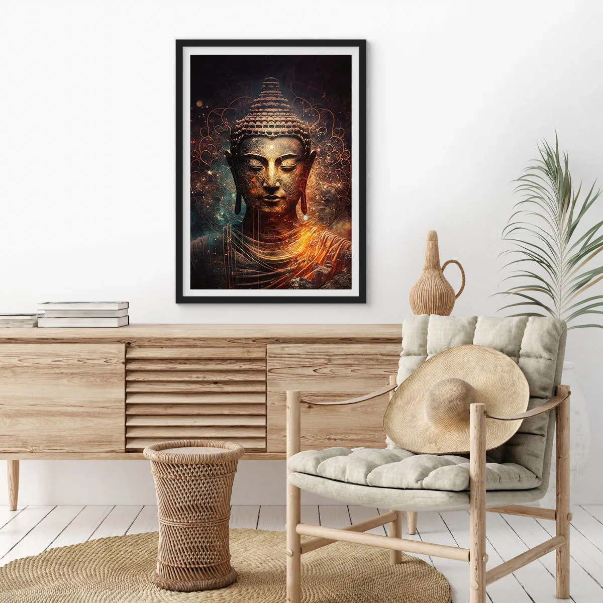 Plakat i sort ramme - Mystisk billede af Buddha i gyldne nuancer - 50x70cm - Åndelig balance - Moderne vægdekoration til stue og soveværelse ARTTOR
