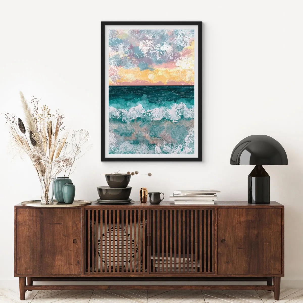 Plakat i sort ramme - Havbølger og solnedgang i akvarelstil - 50x70cm - Vand, lys, luft - Moderne vægdekoration til stue og soveværelse ARTTOR