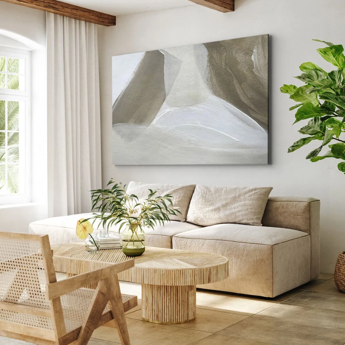 Lærredstryk - Billede på lærred - Delikat abstraktion i beige og hvide nuancer - 70x50cm - Bølge af hvidt - Moderne vægdekoration til stue og soveværelse ARTTOR