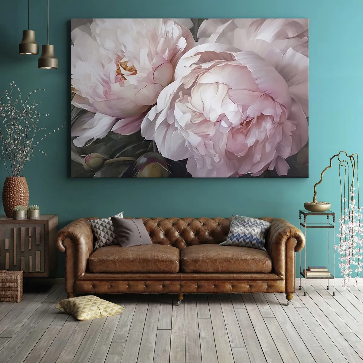 Lærredstryk - Billede på lærred - Fine lyserøde pæoner i fuldt flor - 70x50cm - Fastlåst i blomstring - Moderne vægdekoration til stue og soveværelse ARTTOR