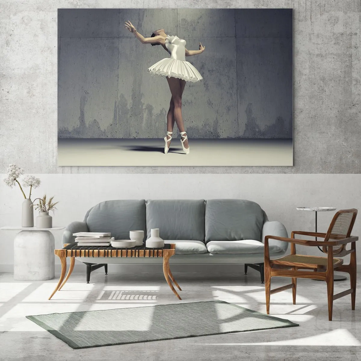 Billede på glas - En ballerina i en hvid kjole mod en rå væg - 70x50cm - Let som en fugl - Moderne vægdekoration til stue og soveværelse ARTTOR