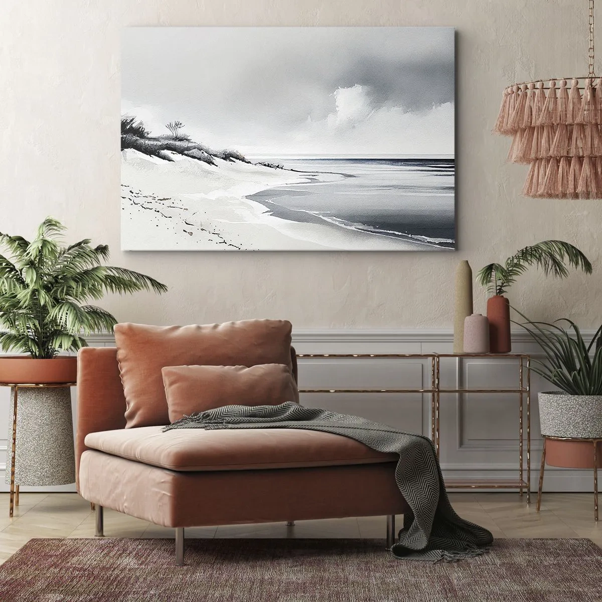 Lærredstryk - Billede på lærred - En strand i afdæmpede nuancer af grå og blå - 70x50cm - Altid sammen - Moderne vægdekoration til stue og soveværelse ARTTOR