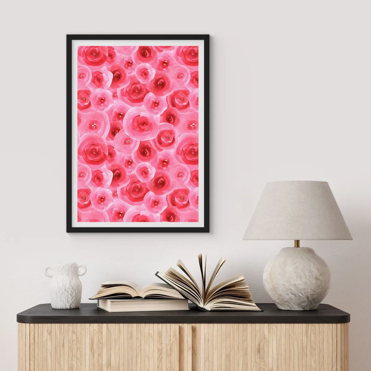 Plakat i sort ramme - Akvarel lyserøde roser i romantisk stil - 50x70cm - Roser under og over - Moderne vægdekoration til stue og soveværelse ARTTOR