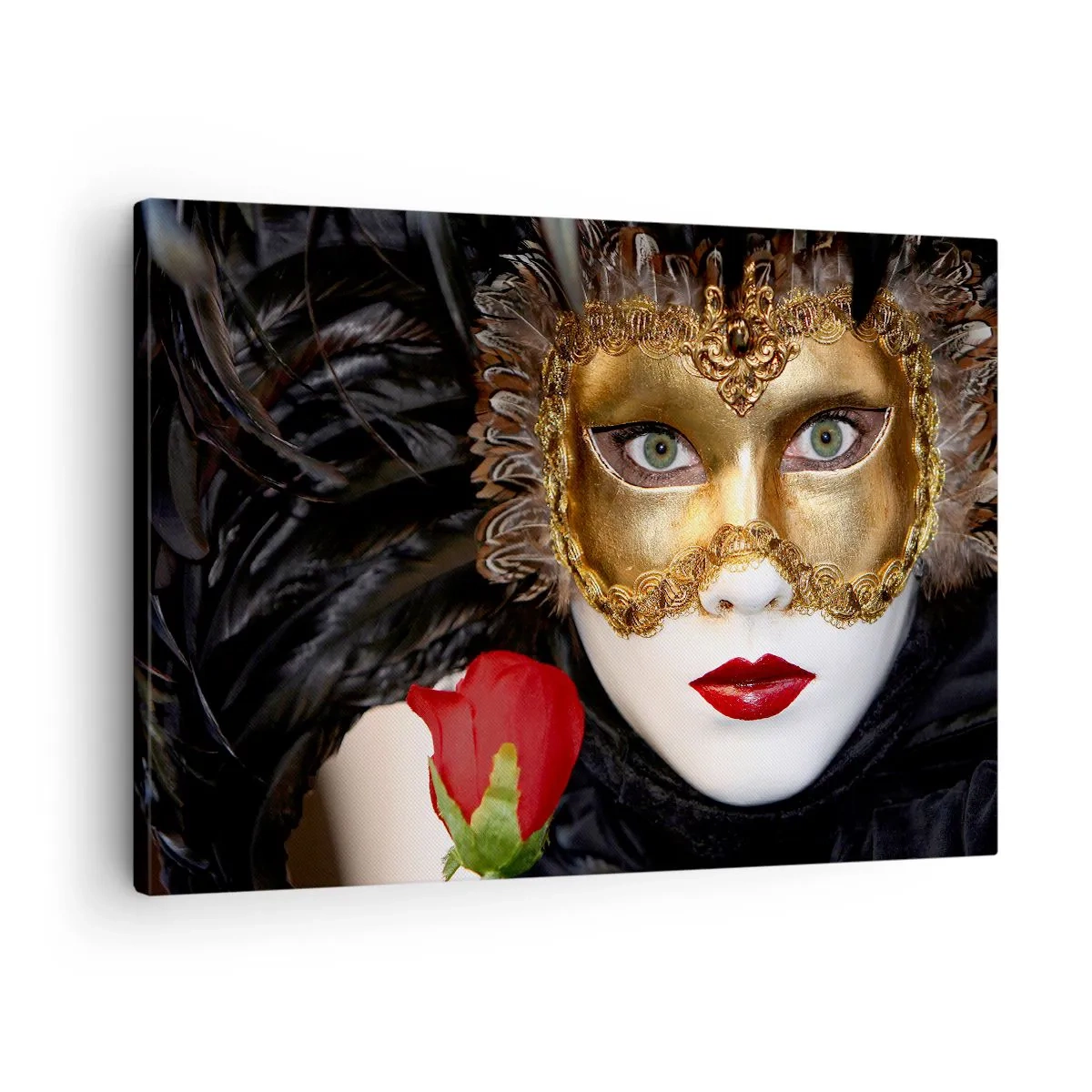 Lærredstryk - Billede på lærred - Guld venetiansk maske med fjer og en rød rose, mystisk motiv. - 70x50cm - Fordi livet er et stort bal - Moderne vægdekoration til stue og soveværelse ARTTOR