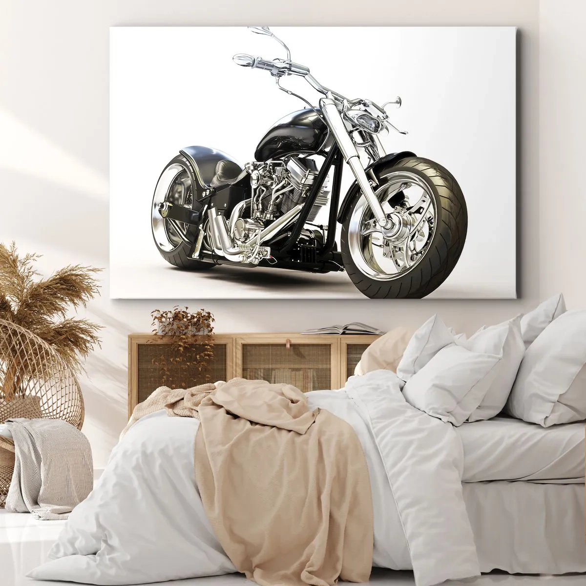 Lærredstryk - Billede på lærred - Stilfuld sort motorcykel på en hvid baggrund - 70x50cm - Styrke med karakter - Moderne vægdekoration til stue og soveværelse ARTTOR