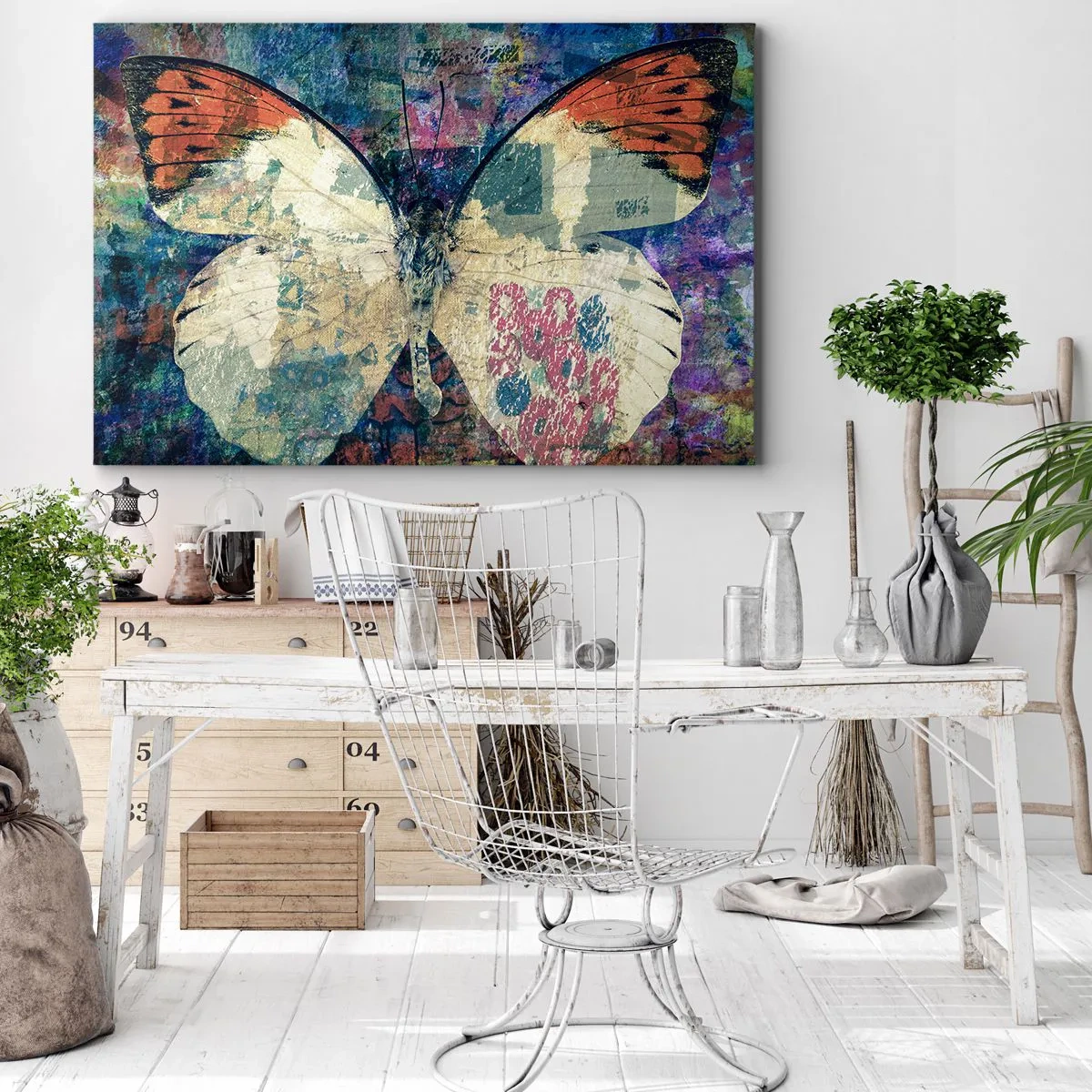 Lærredstryk - Billede på lærred - Sommerfugl i en abstrakt kunstnerisk baggrund med farverige detaljer - 70x50cm - Subtil skrøbelighed - Moderne vægdekoration til stue og soveværelse ARTTOR