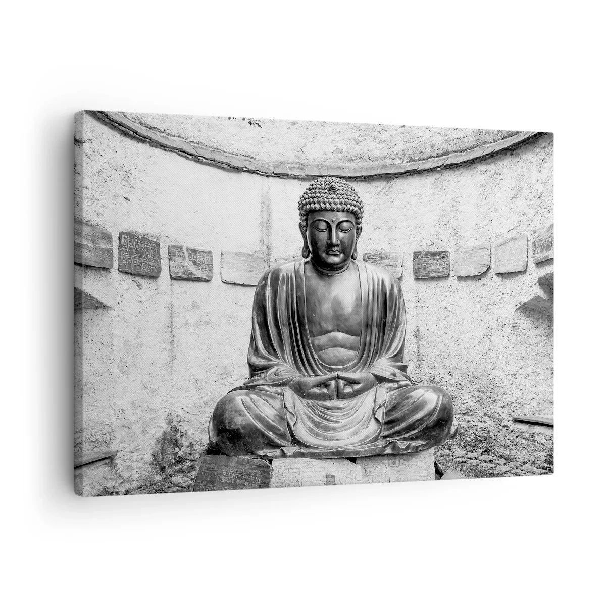 Lærredstryk - Billede på lærred - Sort og hvid Buddha-statue i en meditativ positur - 70x50cm - Ved fredens kilde - Moderne vægdekoration til stue og soveværelse ARTTOR