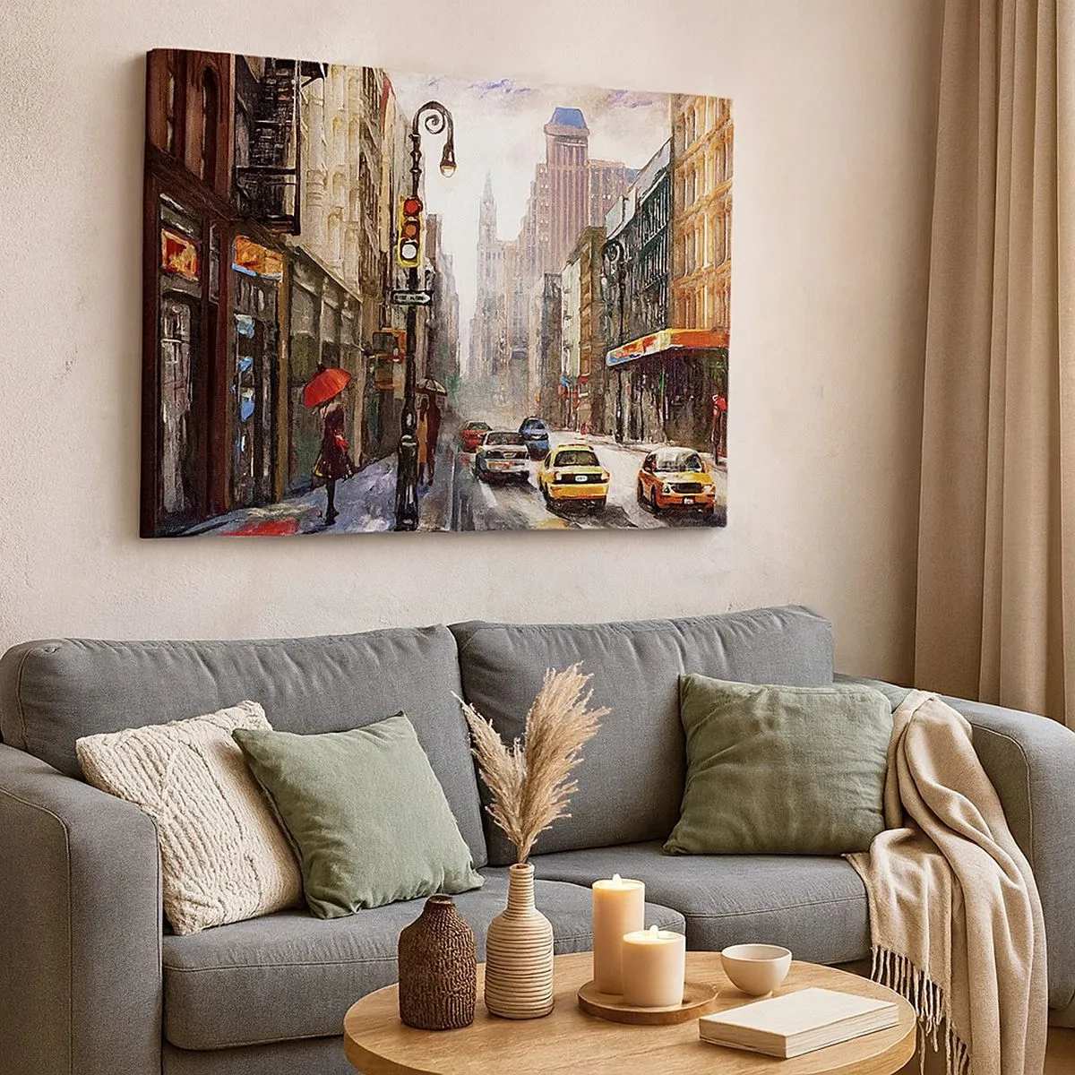 Lærredstryk - Billede på lærred - Bylandskab med en gade og gule taxaer - 70x50cm - New York - også farverig i regnvejr - Moderne vægdekoration til stue og soveværelse ARTTOR