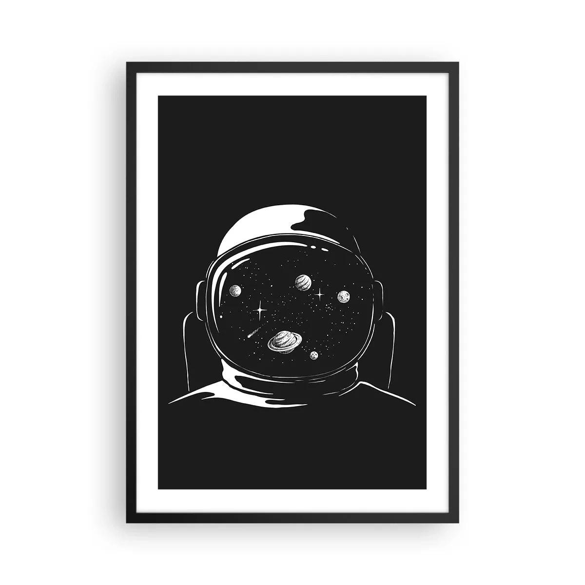 Plakat i sort ramme - Astronaut med rummet spejlet i sin hjelm - 50x70cm - Flot udsigt - Moderne vægdekoration til stue og soveværelse ARTTOR